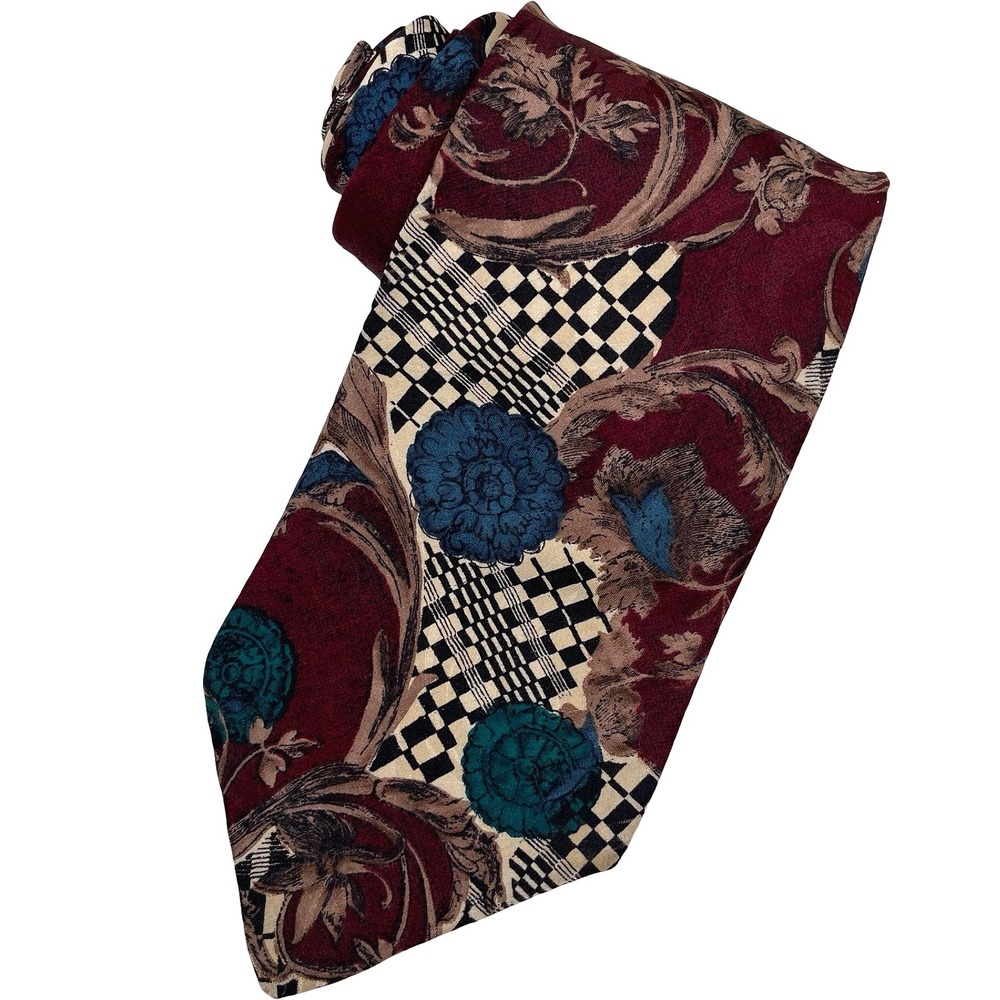 Robert Stock Silk Necktie Mens Burgundy Floral Checkered Sandwashed Vintage 90s
